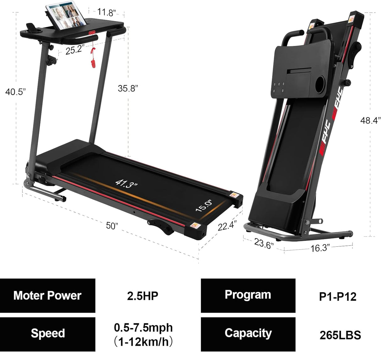 Modern Folding Treadmill for Home with Desk - 2.5HP Compact Electric Treadmill for Running and Walking Foldable Portable Running Machine for Small Spaces Workout, 265LBS Weight Capacity