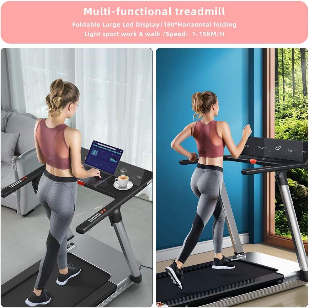 RHYTHM FUN Treadmill Folding Treadmill Desk Treadmill 4.0HP Electric Motorized Treadmill Super Shock-Absorbing Slim Quiet Treadmill with Large Display/Workout APP for Home Office Gym