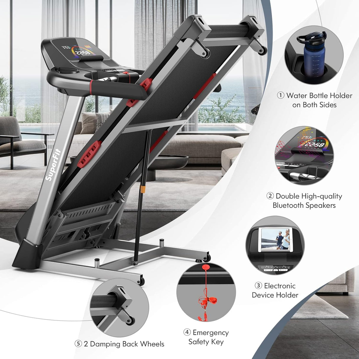 GYMAX Foldable Treadmill, 4.75HP Folding Treadmill with 15% Auto Incline, App Control, Bluetooth Speaker & Pules Sensor, Portable Self-Standing Treadmill with Incline for Home Gym