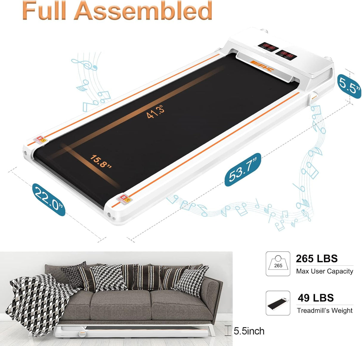 American Under Desk Treadmill 2.5HP Slim Walking Treadmill 265LBS - Electric Treadmill with APP Bluetooth Remote Control LED Display, Running Walking Jogging for Home Office Use (Installation Free)