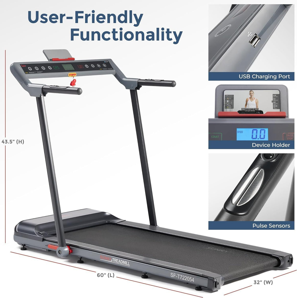 Sunny Health & Fitness Strider Foldable Treadmill, 20-Inch Wide Running Belt, Customizable Workout Programs, Pulse Sensors with Optional Exclusive SunnyFit App and Enhanced Bluetooth Connectivity