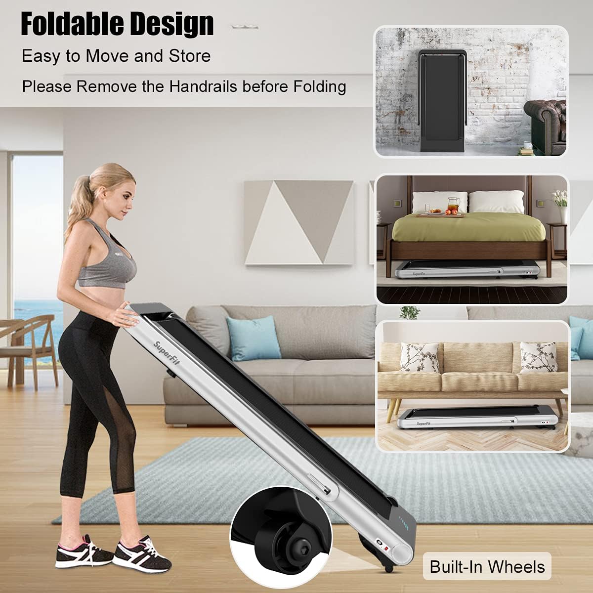 GYMAX Under Desk Folding Treadmill, 4.75HP 2 in 1 Running Walking Machine with Heart Rate Control, APP Control, LED Touch Screen and Remote, Luxury Treadmill for Home/Gym