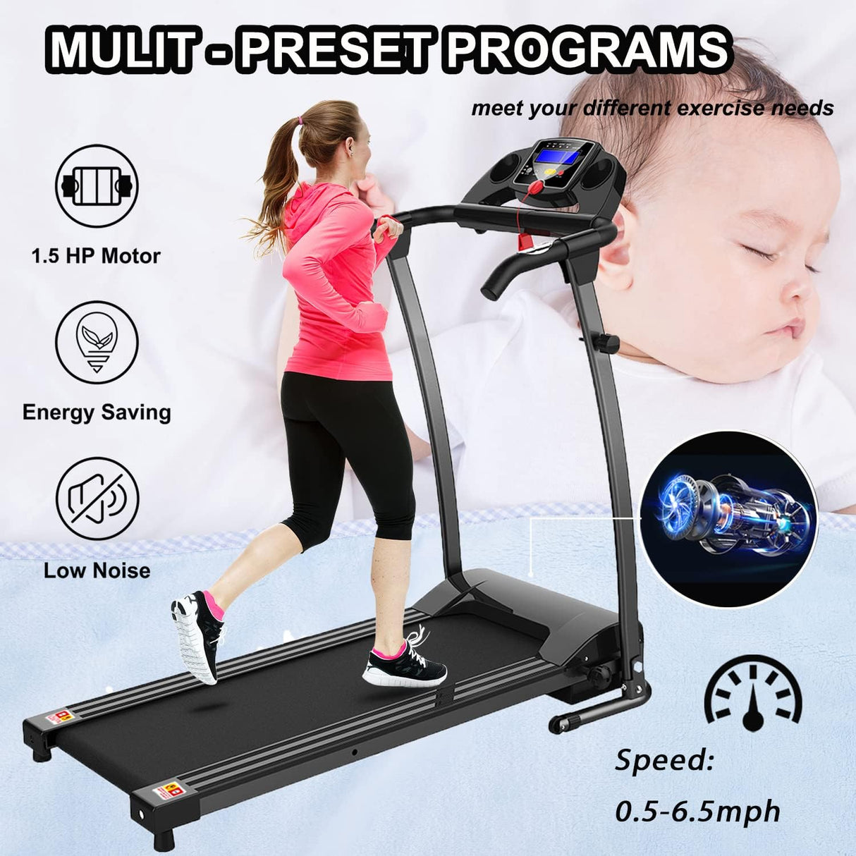 Modern Folding Treadmills for Home, Foldable Electric Treadmill with LCD Display, Lightweight Compact Treadmill Fitness Running Walking Jogging Exercise for Home Office Apartment Saver Space