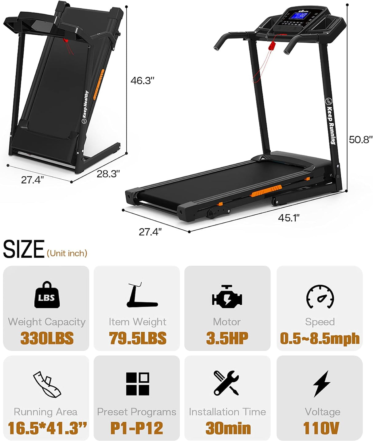 Foldable Treadmill with Incline, Folding Treadmill for Home Electric Treadmill Workout Running Machine, Handrail Controls Speed, Pulse Monitor,APP