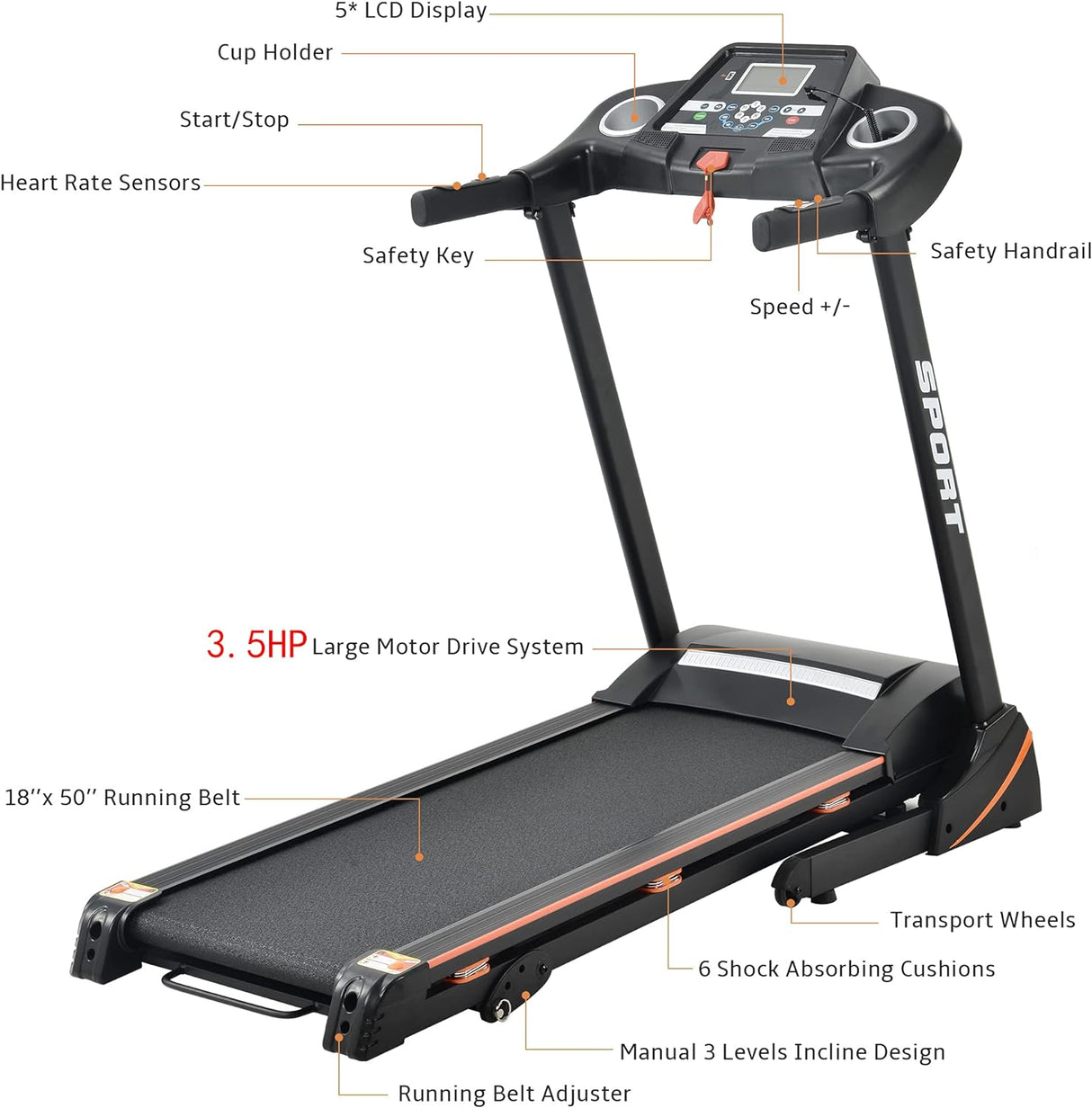 3.5HP Folding Electric Treadmill with Incline Medium Running Machine LCD, 14.8KM/H Foldable Treadmill Electric Motorized Power Running Fitness Gym Machine, 330lbs Max