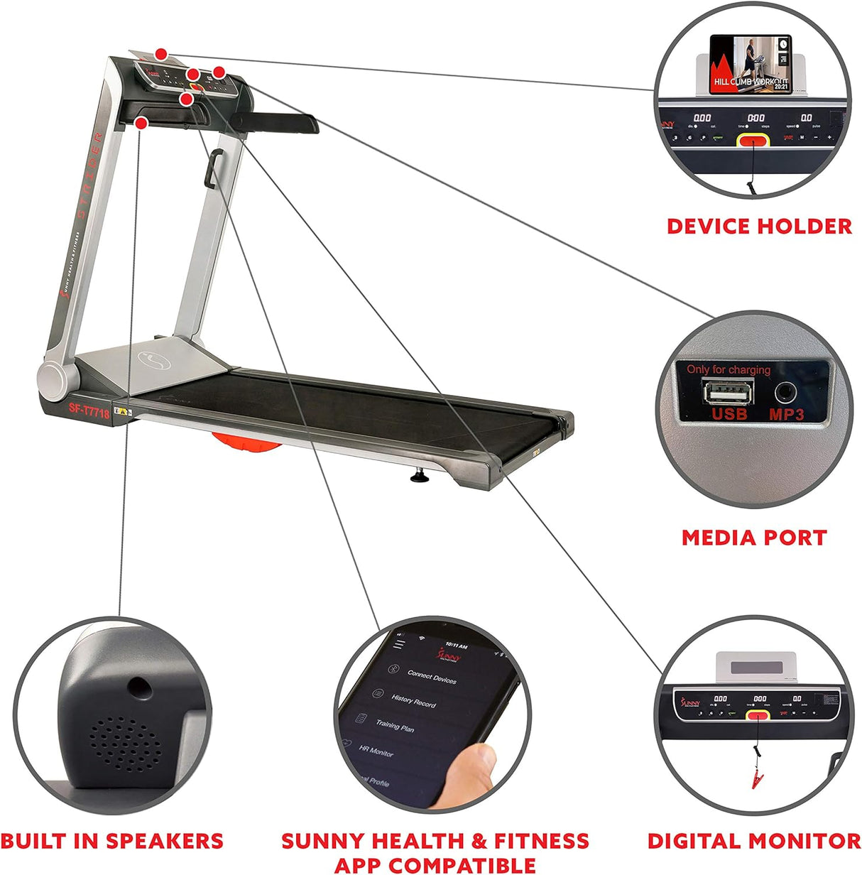 Sunny Health & Fitness Strider Foldable Treadmill, 20-Inch Wide Running Belt, Customizable Workout Programs, Pulse Sensors with Optional Exclusive SunnyFit App and Enhanced Bluetooth Connectivity