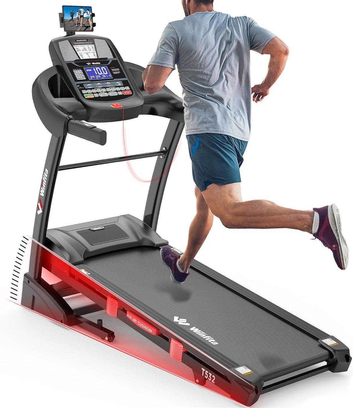 Winfita Foldable Treadmill with 15% Auto Incline, 10 MPH, 300 LB Capacity, Bluetooth & APP, Pause Function, USB Charging, Tablet Holder, 68 Programs Running Machine for Home