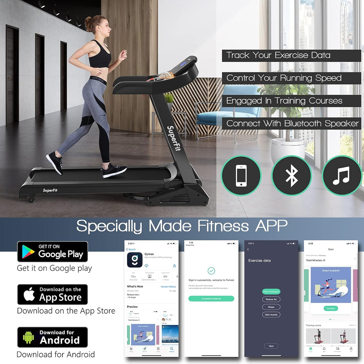 Goplus 3.75HP Folding Treadmill with Incline, Electric Superfit Treadmill w/App Control, 12 Preset & 3 Custom Programs, Blue Tooth Speaker, Heart Rate Monitor, Running Jogging Machine for Home Gym
