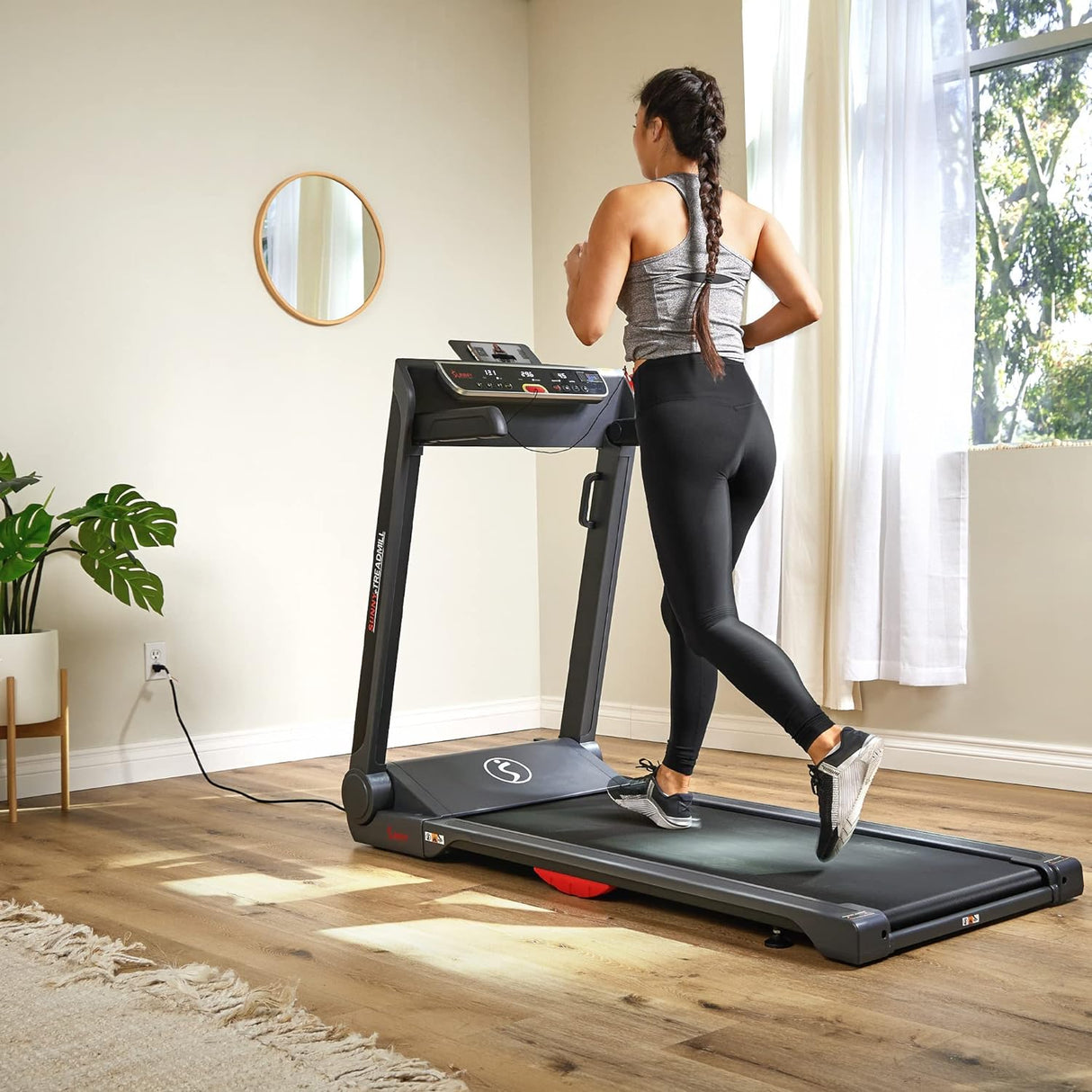 Sunny Health & Fitness Strider Foldable Treadmill, 20-Inch Wide Running Belt, Customizable Workout Programs, Pulse Sensors with Optional Exclusive SunnyFit App and Enhanced Bluetooth Connectivity
