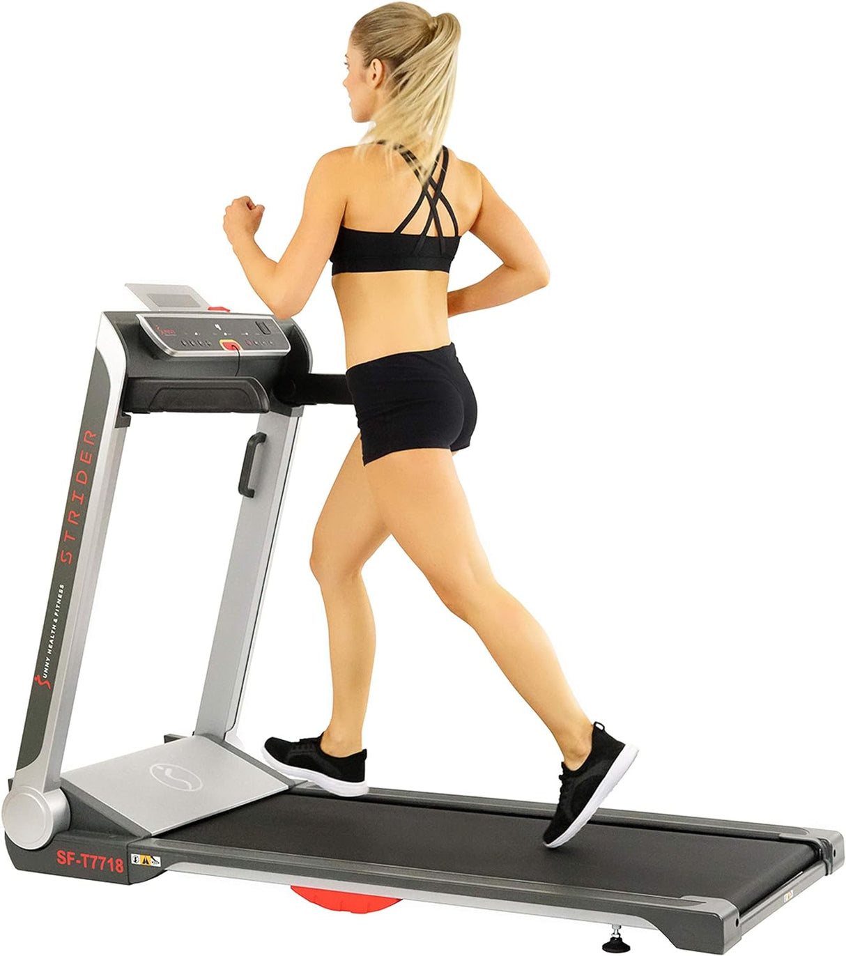 Sunny Health & Fitness Strider Foldable Treadmill, 20-Inch Wide Running Belt, Customizable Workout Programs, Pulse Sensors with Optional Exclusive SunnyFit App and Enhanced Bluetooth Connectivity