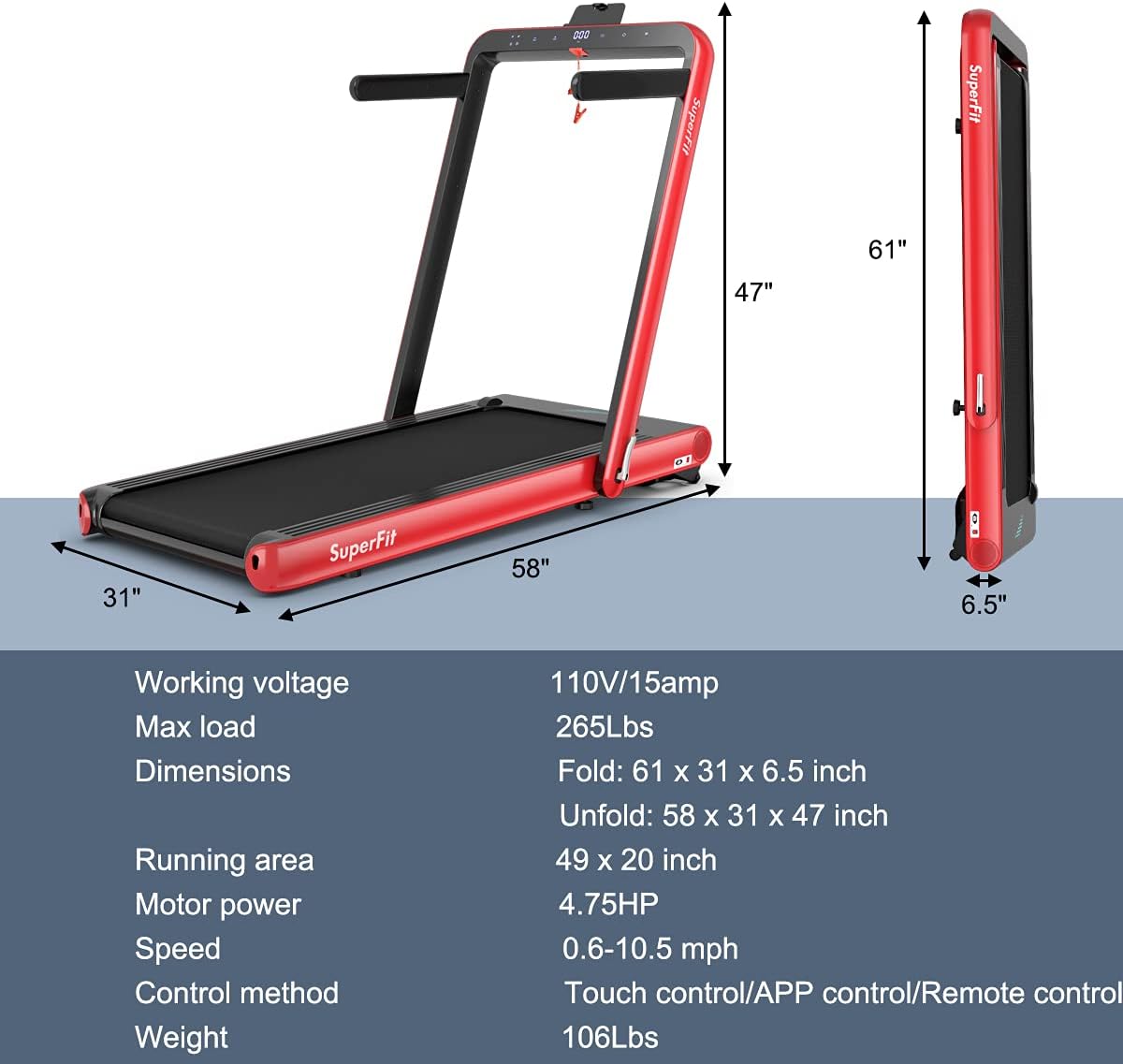 GYMAX Under Desk Folding Treadmill, 4.75HP 2 in 1 Running Walking Machine with Heart Rate Control, APP Control, LED Touch Screen and Remote, Luxury Treadmill for Home/Gym