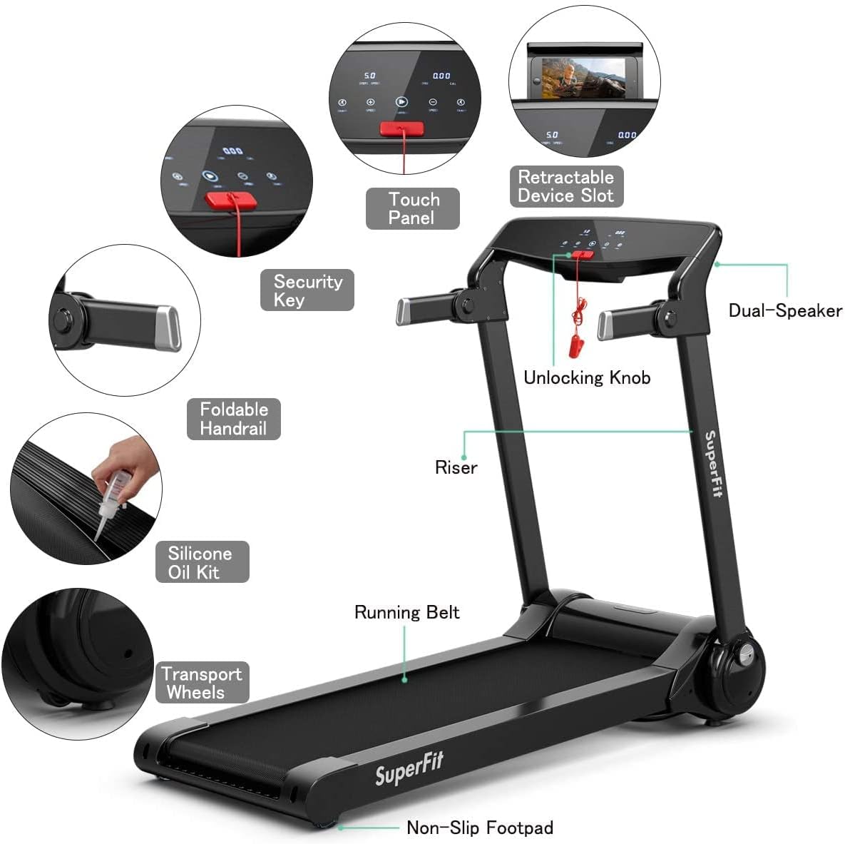 Topment Folding Treadmill, 3.0HP Electric Treadmill with APP Control, HD Digital Touch Screen, Retractable Device Holder and Speakers, Compact Walking Running Machine (Silver + Black)