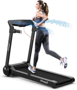 Topment Folding Treadmill, 3.0HP Electric Treadmill with APP Control, HD Digital Touch Screen, Retractable Device Holder and Speakers, Compact Walking Running Machine (Silver + Black)