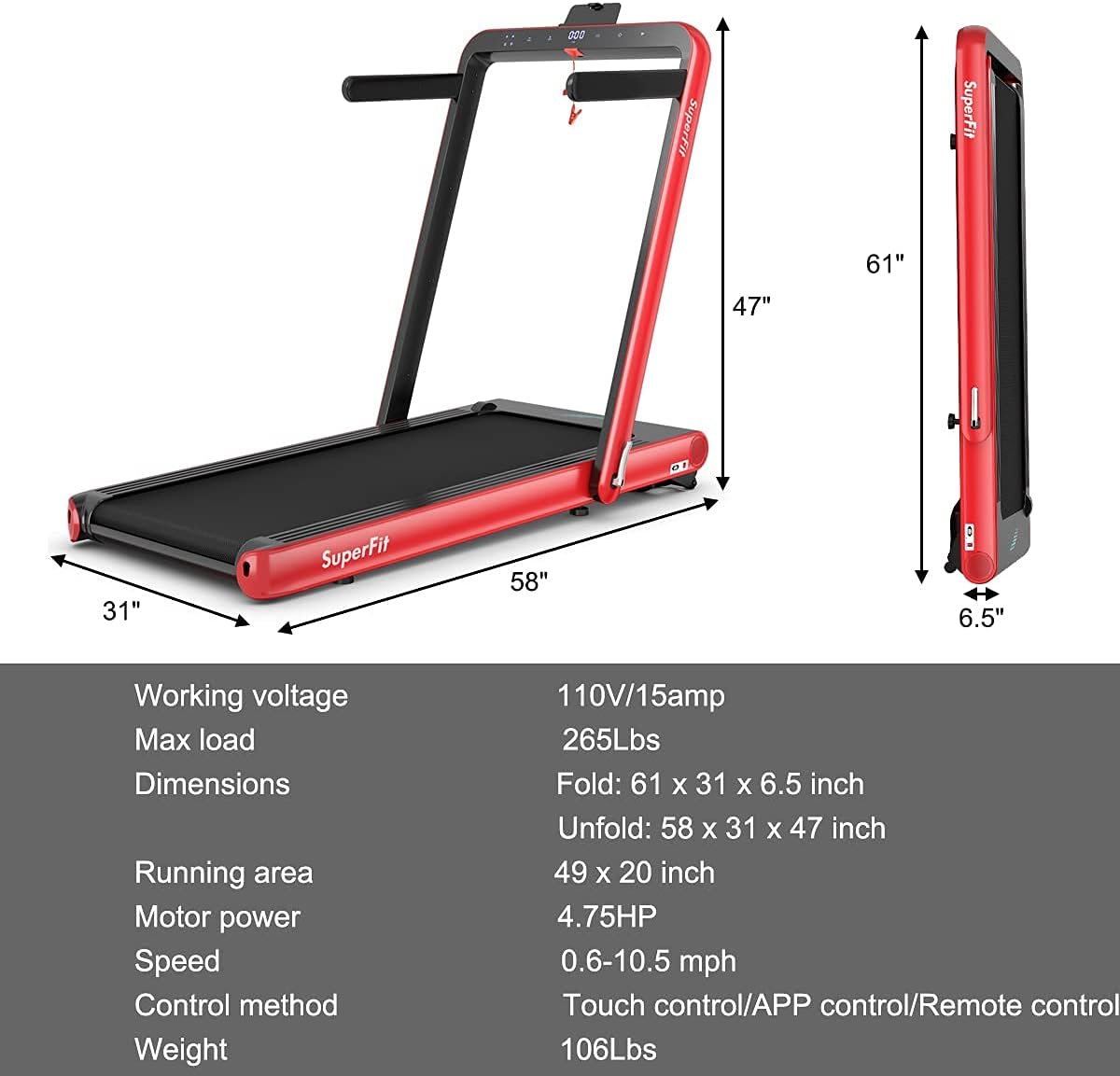 Goplus 2 in 1 Folding Treadmill, 4.75HP Superfit Under Desk Electric Treadmill with APP Control, LED Touch Screen, Blue Tooth Speaker, Remote Control, Walking Jogging for Home Office
