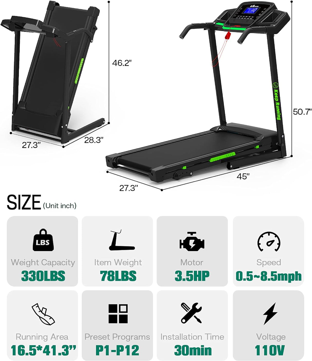 Foldable Treadmill with Incline, Folding Treadmill for Home Electric Treadmill Workout Running Machine, Handrail Controls Speed, Pulse Monitor,APP
