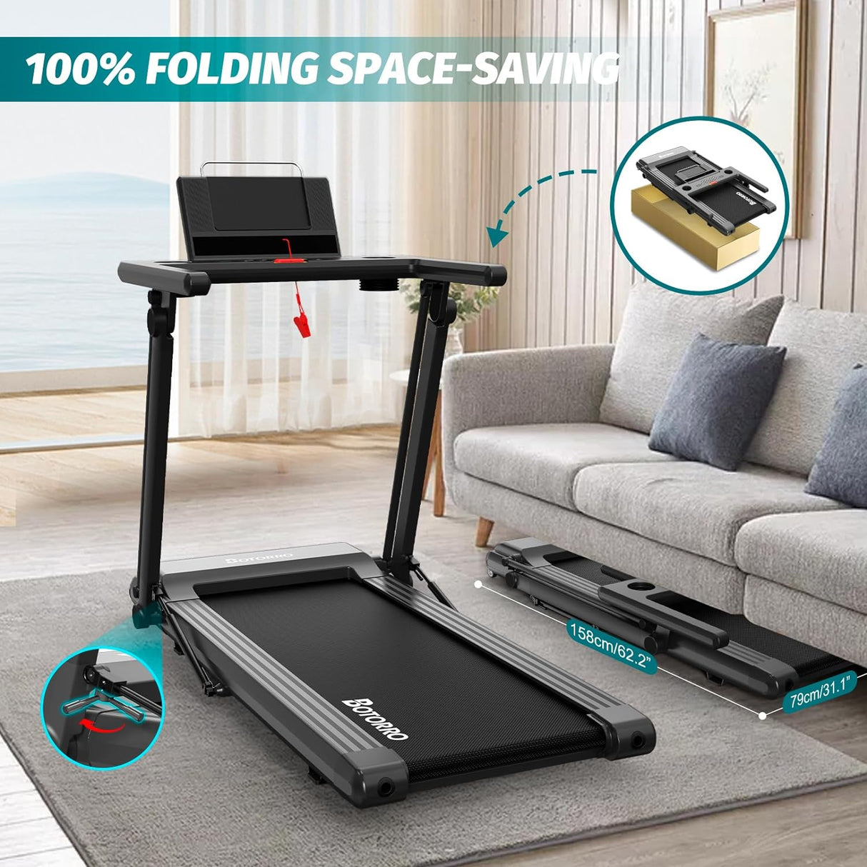 BOTORRO R5 Foldable Treadmill, 265Lbs Load | R7 Treadmill for Home with Incline 18 Levels, 300Lbs Capacity Treadmill, LED Touching Screen with Bluetooth and 18 Programs, 30 Days Free Kinomap