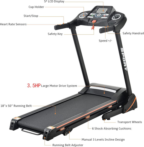 3.5HP Folding Electric Treadmill with Incline Medium Running Machine LCD, 14.8KM/H Foldable Treadmill Electric Motorized Power Running Fitness Gym Machine, 330lbs Max