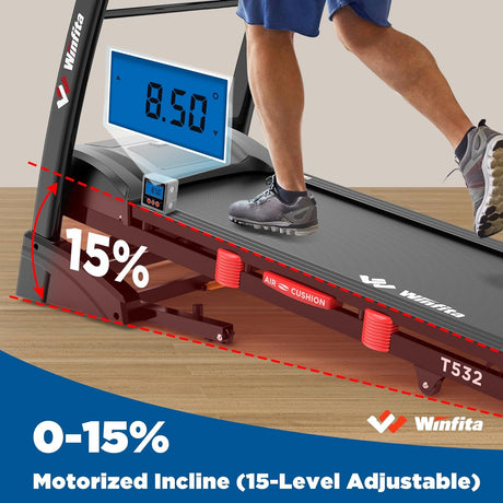 Winfita Foldable Treadmill with 15% Auto Incline, 10 MPH, 300 LB Capacity, Bluetooth & APP, Pause Function, USB Charging, Tablet Holder, 68 Programs Running Machine for Home