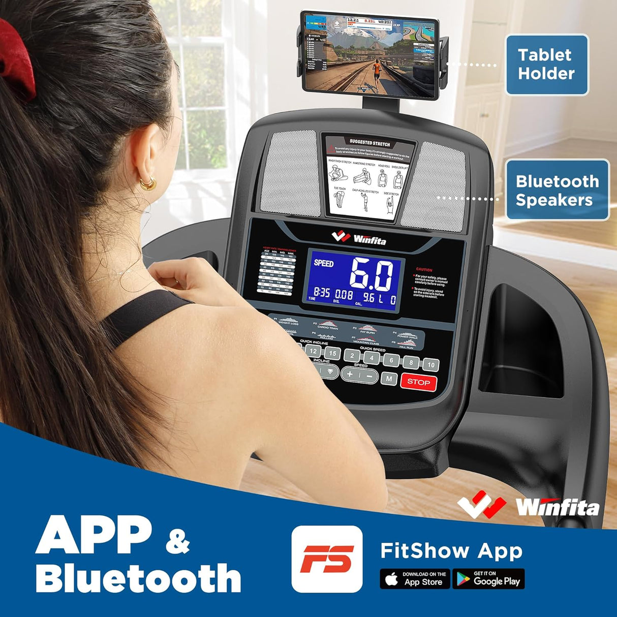 Winfita Foldable Treadmill with 15% Auto Incline, 10 MPH, 300 LB Capacity, Bluetooth & APP, Pause Function, USB Charging, Tablet Holder, 68 Programs Running Machine for Home