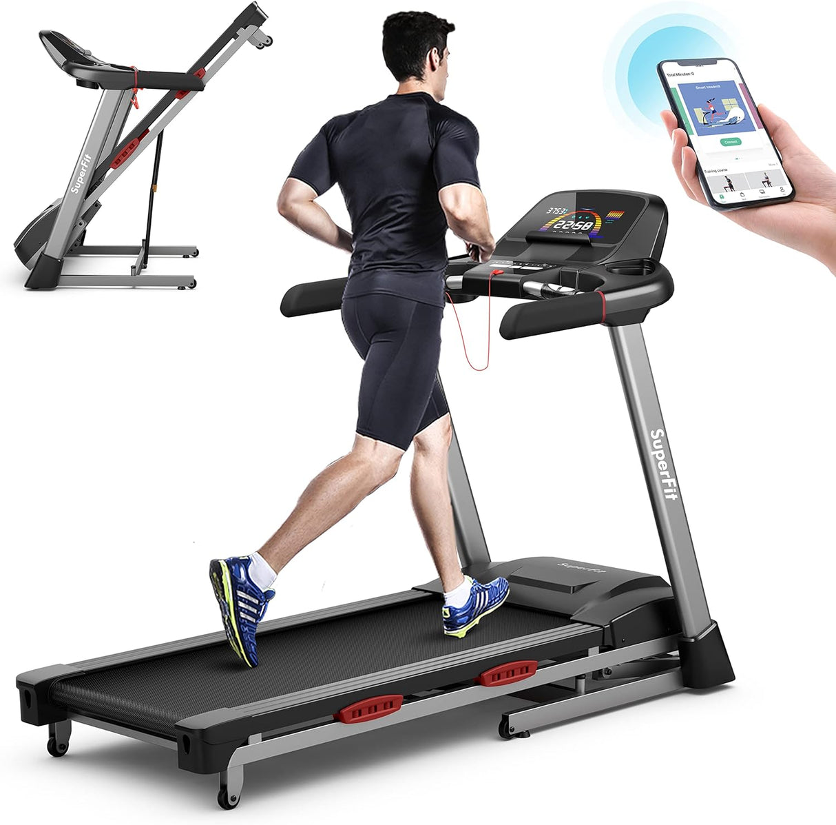 GYMAX Foldable Treadmill, 4.75HP Folding Treadmill with 15% Auto Incline, App Control, Bluetooth Speaker & Pules Sensor, Portable Self-Standing Treadmill with Incline for Home Gym