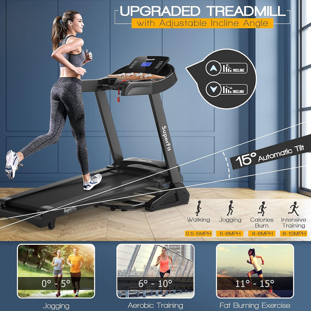 Goplus 3.75HP Folding Treadmill with Incline, Electric Superfit Treadmill w/App Control, 12 Preset & 3 Custom Programs, Blue Tooth Speaker, Heart Rate Monitor, Running Jogging Machine for Home Gym