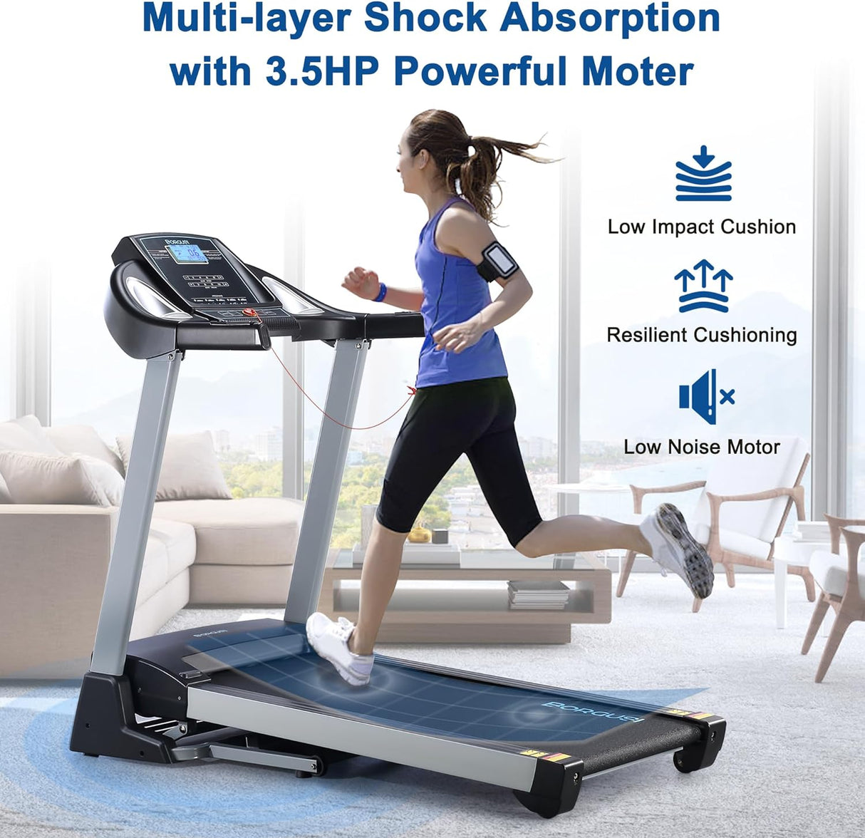 BORGUSI 15% Auto Incline Treadmill with 20" Wide Tread Belt, 350 LBS Capacity, 3.5 HP, Speeds Up to 10 MPH, Folding Treadmill with 15 Preset Programs LCD Display