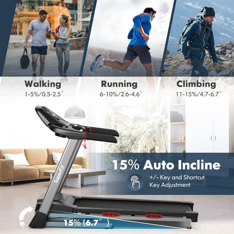 GYMAX Foldable Treadmill, 4.75HP Folding Treadmill with 15% Auto Incline, App Control, Bluetooth Speaker & Pules Sensor, Portable Self-Standing Treadmill with Incline for Home Gym