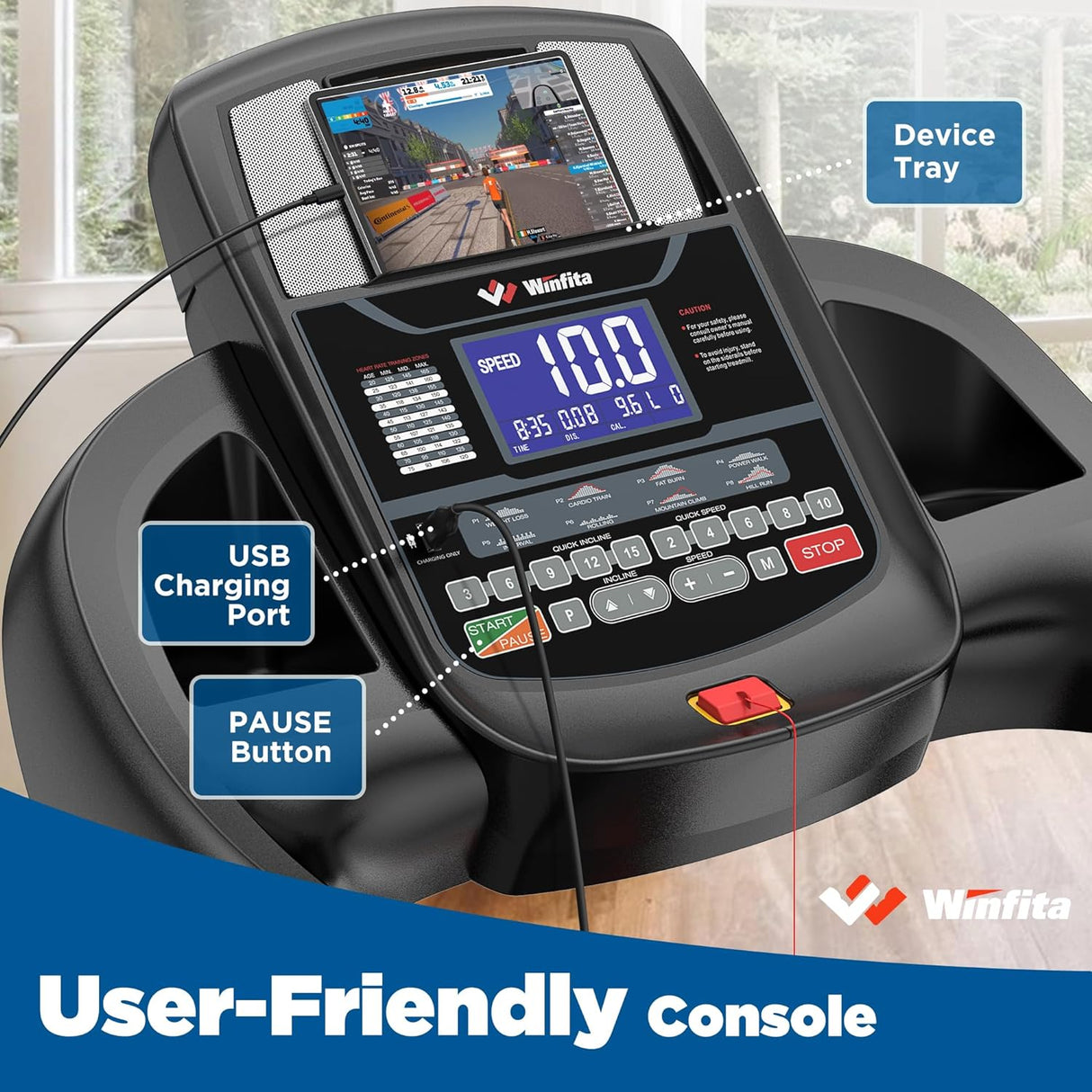 Winfita Foldable Treadmill with 15% Auto Incline, 10 MPH, 300 LB Capacity, Bluetooth & APP, Pause Function, USB Charging, Tablet Holder, 68 Programs Running Machine for Home