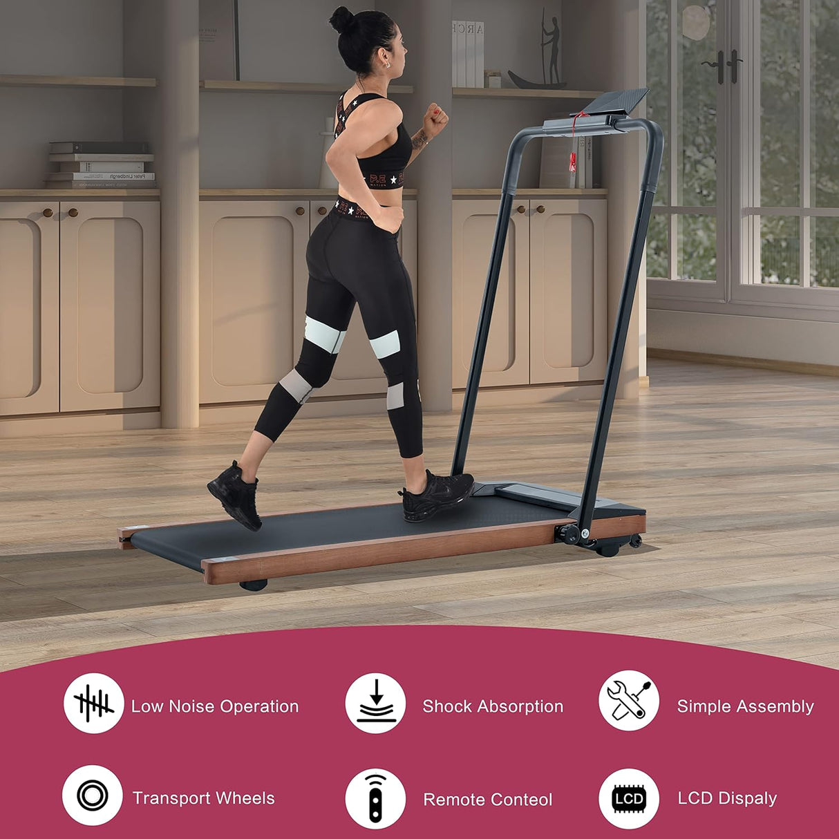 Modern HP-P12ABK Electric Treadmill, Folding Treadmill, LCD Display Screen and mat Holder; Home Office Gym Stand, 2.25HP Electric， Wood Electric Treadmill with Remote Control, Walking Machine
