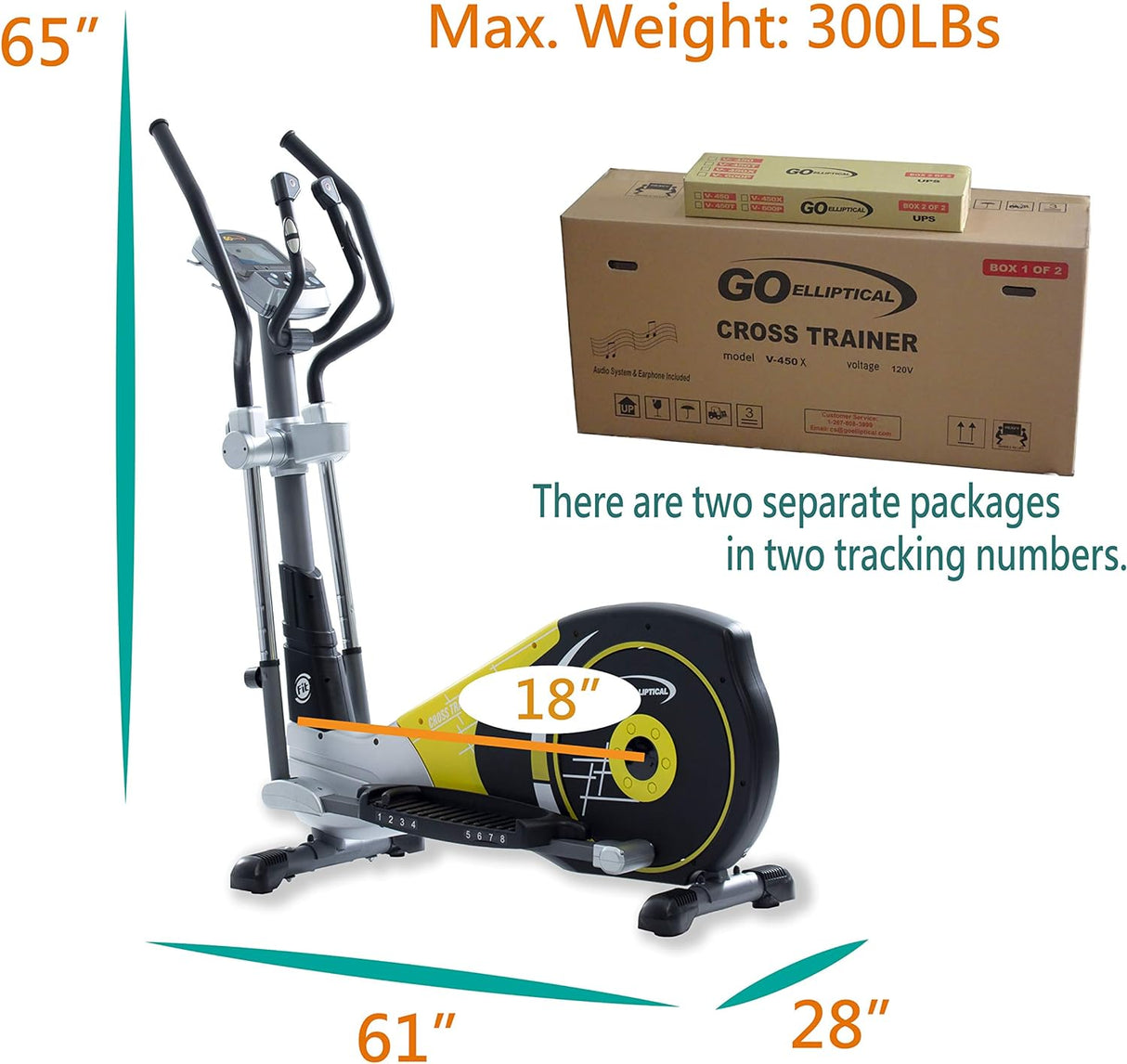 GOELLIPTICAL V-450X Standard Stride 18” Programmable Elliptical Exercise Cross Trainer with Adjustable Arms and Pedals and HRC Control Program for Cardio Fitness Strength Conditioning Workout
