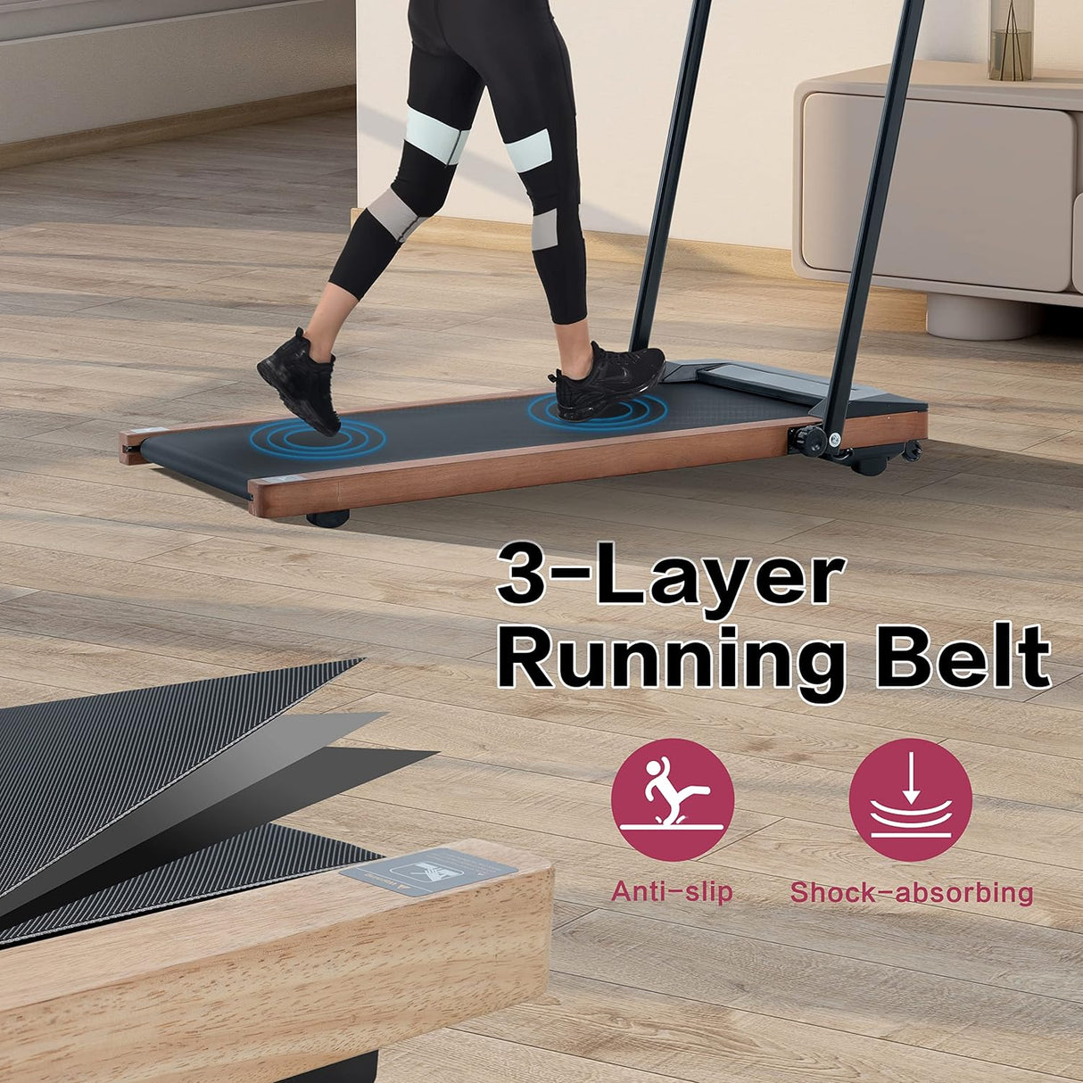 Modern HP-P12ABK Electric Treadmill, Folding Treadmill, LCD Display Screen and mat Holder; Home Office Gym Stand, 2.25HP Electric， Wood Electric Treadmill with Remote Control, Walking Machine